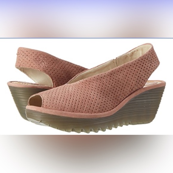 FLY LONDON Perforated Leather Wedges Womens 38 Pink Nubuck Slingback Peep Toe - Picture 1 of 11